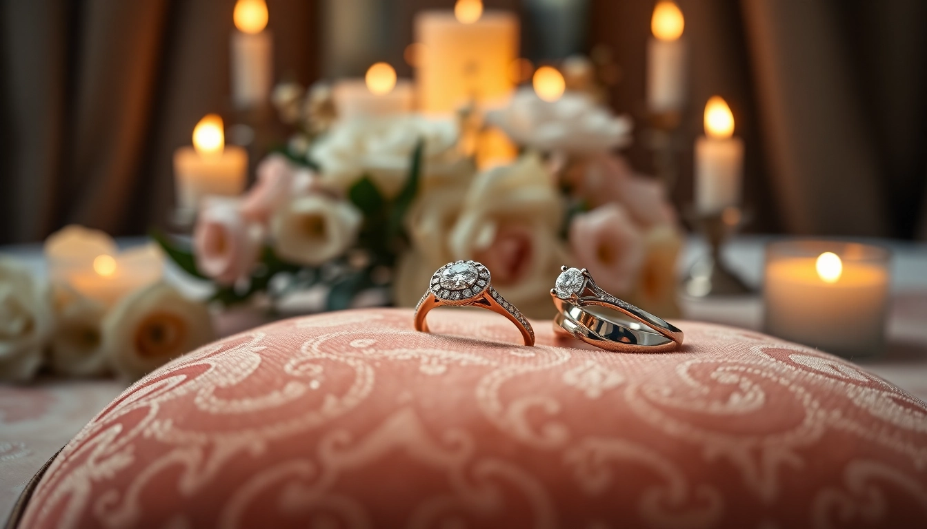 Admire beautiful wedding rings displayed on a velvet cushion, showcasing elegance and craftsmanship.