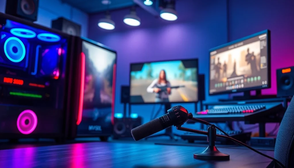 MV88 microphone showcased in a dynamic gaming setup featuring high-tech visuals and audio equipment.