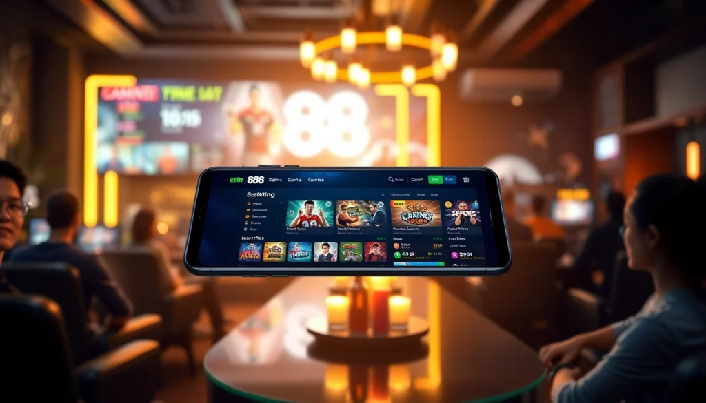Engaging mobile betting interface showcasing 888new's diverse gaming options amid a stylish gaming lounge.