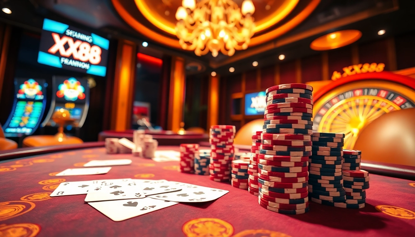 Experience thrilling gameplay at XX88's luxurious casino table with vibrant poker chips and cards.