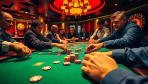 Experience thrilling poker action at https://okfun.center/, featuring intense gameplay and vibrant casino scenery.