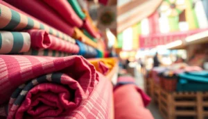 Bekijk wafel katoen in diverse kleuren en texturen perfect opgesteld op de markt.