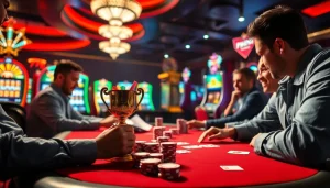 Engaged players at a poker table in a vibrant casino, capturing the thrill of 79king gaming.