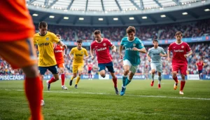 Showcasing a vibrant Team kit worn by players in action on the soccer field, highlighting teamwork.