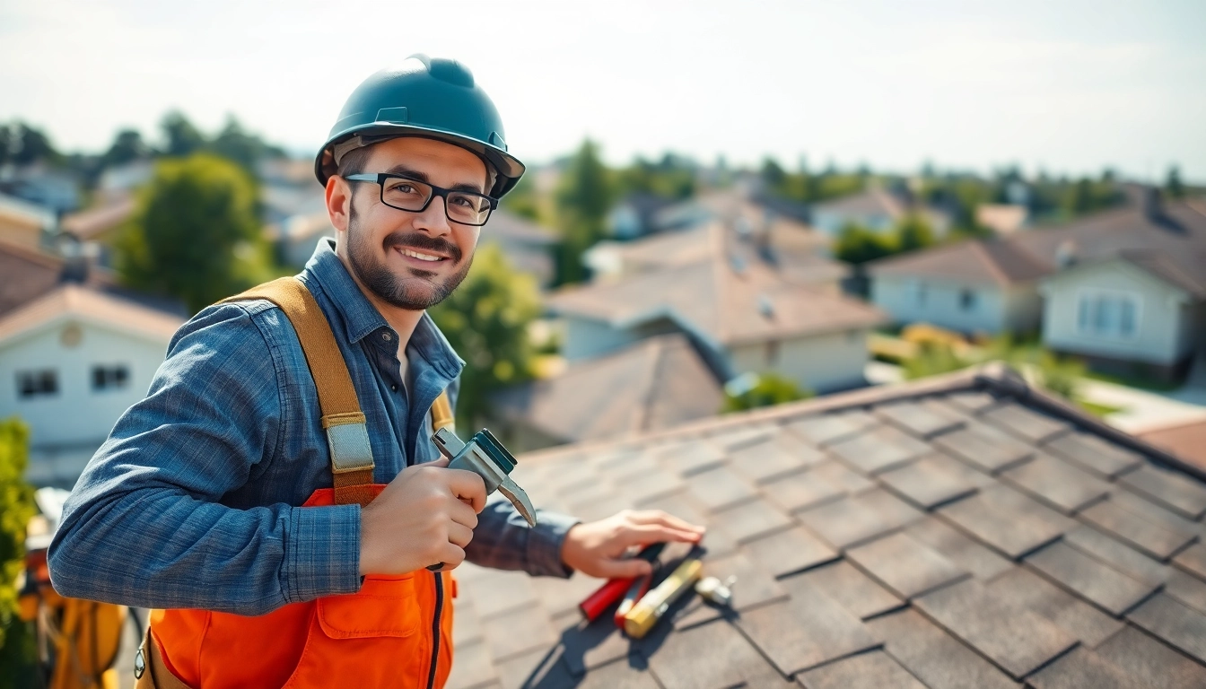Providing reliable roofing services, a professional roofer inspects a residential roof ensuring quality and safety.