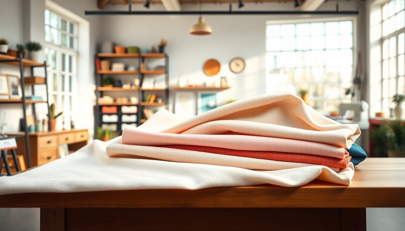 Katoen stof in een lichte studio met diverse kleuren op een tafel.