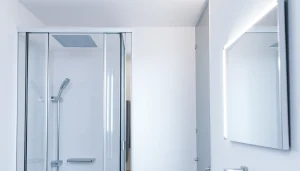 Admiring the sleek design of Sirhona France’s modern bathroom mirror and fixtures.