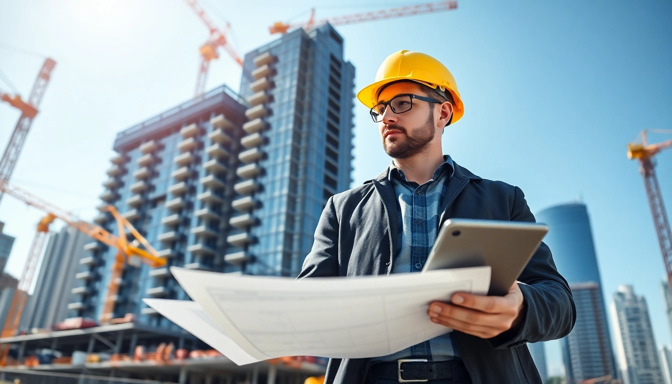 New Jersey Construction Manager supervising an urban construction site and interacting with blueprints.
