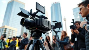Capture of a vibrant commercial videography toronto scene showcasing professionals filming a corporate event.