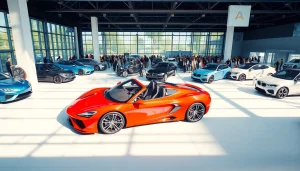 Showcasing the stunning Auto Cars Show with diverse vehicles and vibrant crowds in a lively exhibition hall.