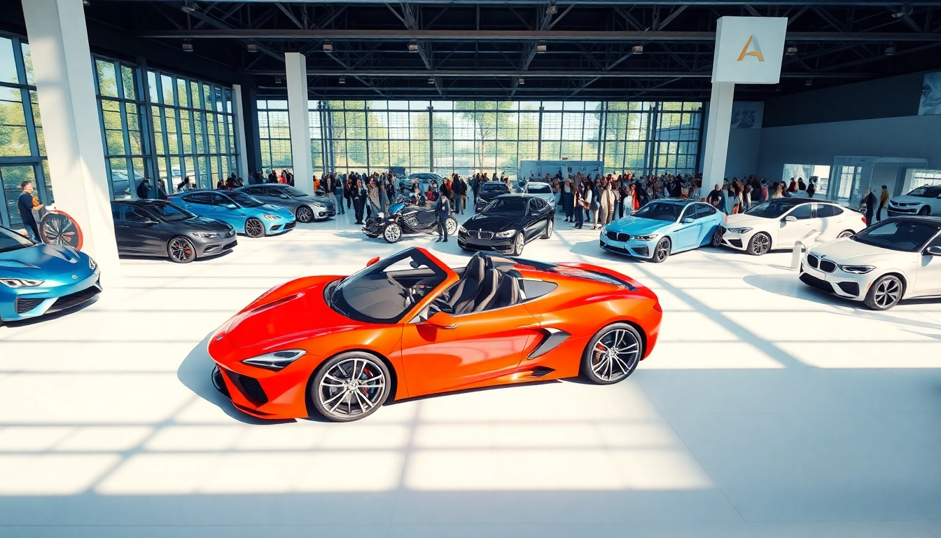 Showcasing the stunning Auto Cars Show with diverse vehicles and vibrant crowds in a lively exhibition hall.