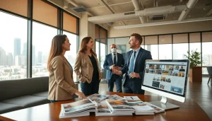 Showcase engaging real estate interactions with a professional agent and clients in a modern office.