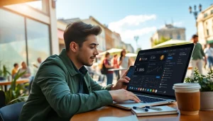 Engaging scene of a professional using a cloud mining app on a smartphone in a coffee shop setting.