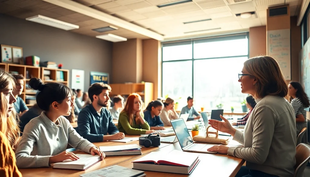 Engaging Education scene showing students actively learning in a collaborative classroom environment.