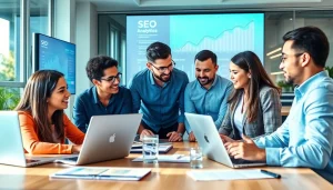 SEO management company team brainstorming in a vibrant office setting.