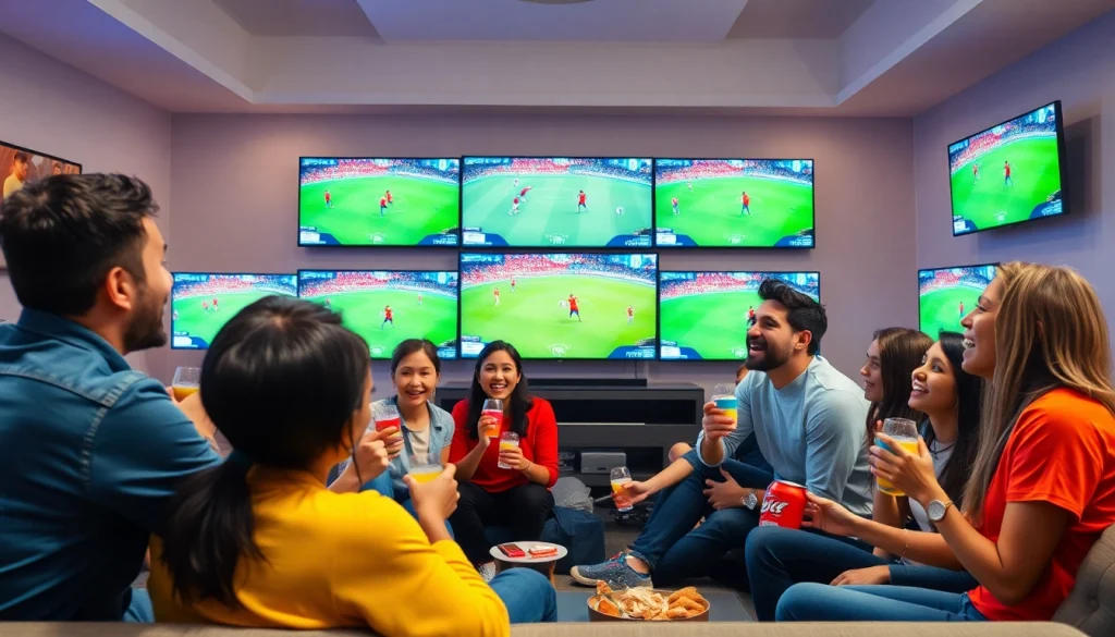 해외축구중계를 즐기는 다양한 관중들의 생동감 넘치는 모습