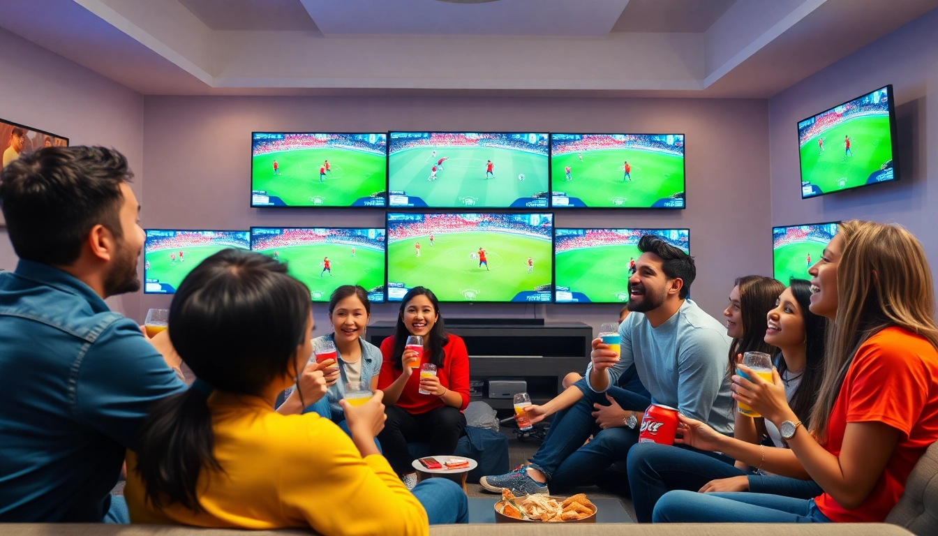 해외축구중계를 즐기는 다양한 관중들의 생동감 넘치는 모습