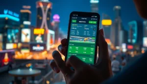 Engaging with sports betting apps India on a smartphone in a vibrant city setting at night.