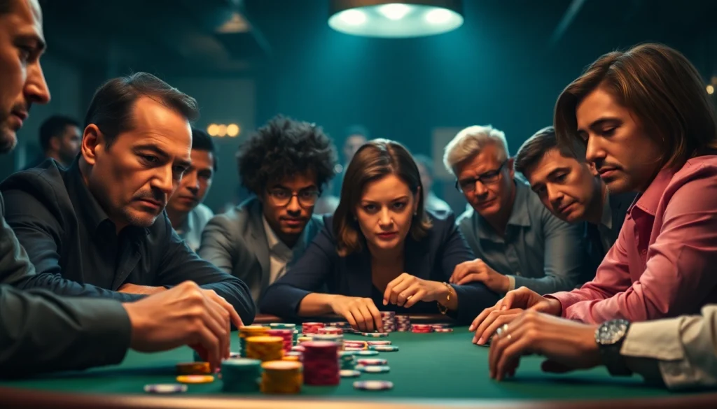 79king poker players focus intensely at a competitive poker game table with vibrant chips.