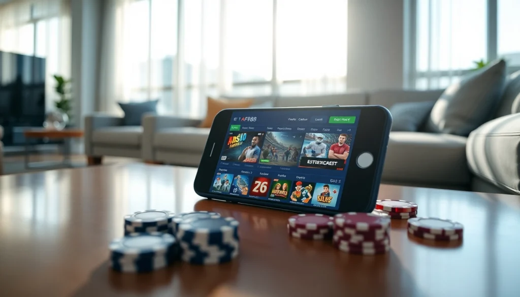 AF88 online betting app displayed on a mobile device in a stylish setting, inviting atmosphere.