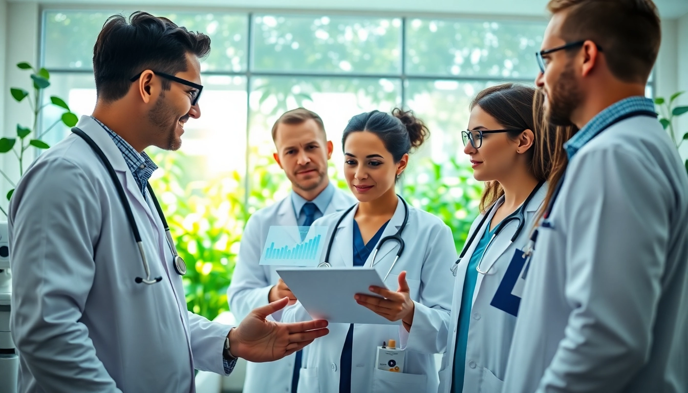Practitioners discussing health strategies using advanced tools in a clean, bright clinic.