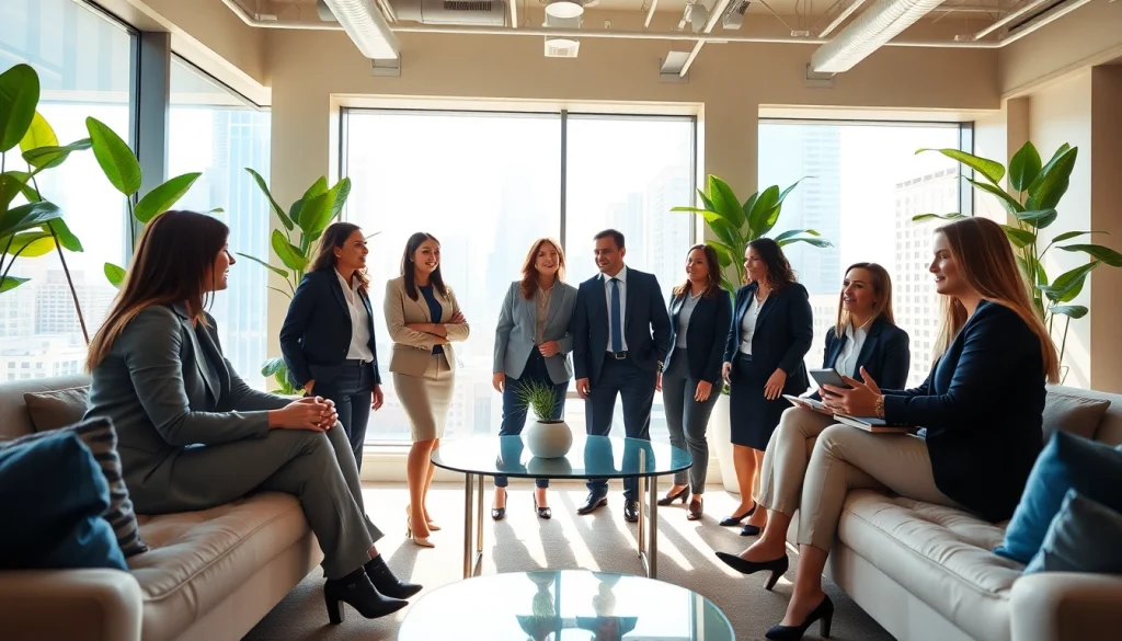 Engaged professionals discussing Chicago jobs in a modern office setting.