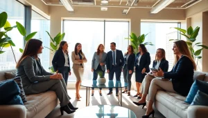 Engaged professionals discussing Chicago jobs in a modern office setting.