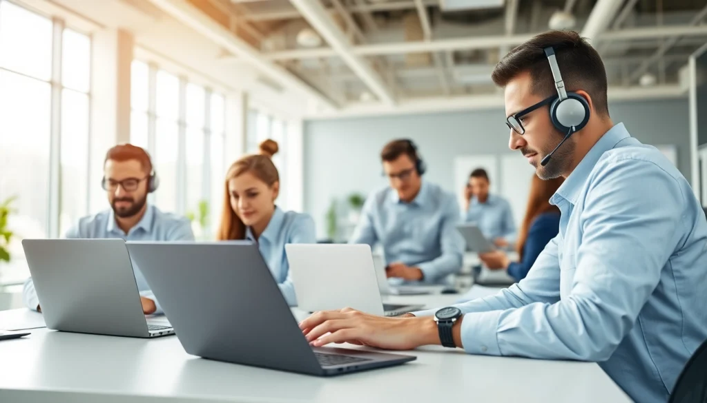 Enhance helpdesk support efficiency through teamwork in a modern office setup.