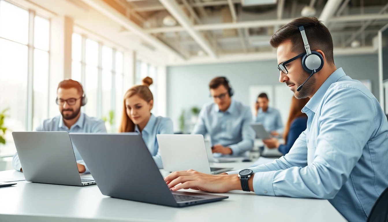 Enhance helpdesk support efficiency through teamwork in a modern office setup.