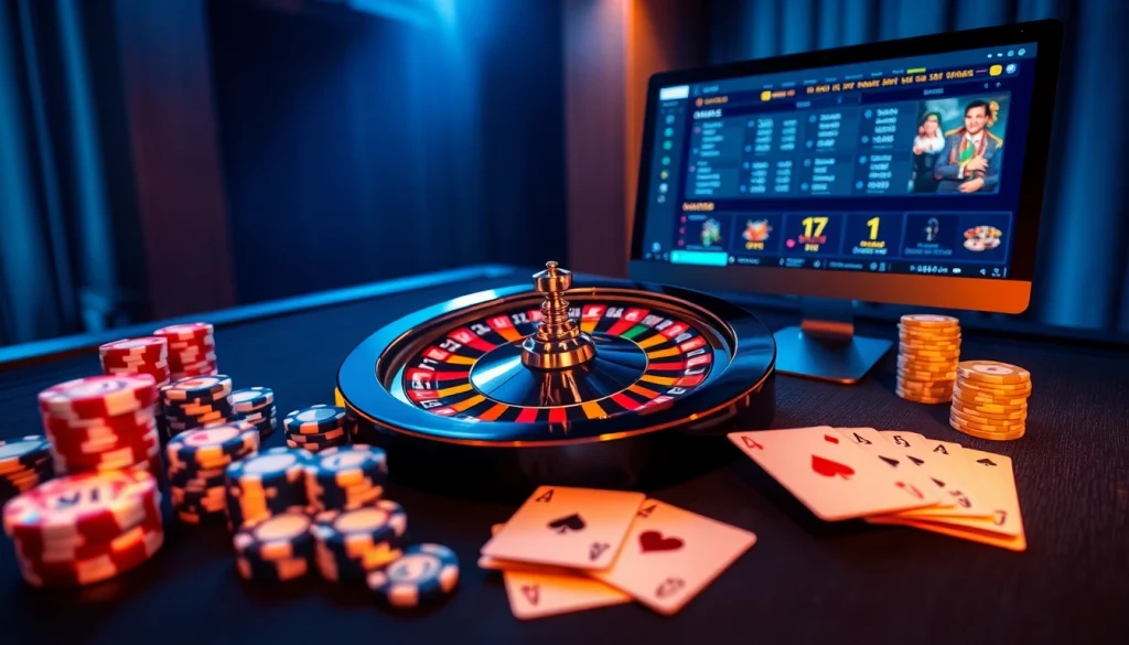 Experience thrilling online gambling at thabet77.sa.com with dynamic roulette wheels and vibrant poker chips.