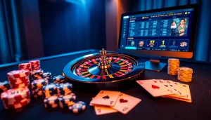 Experience thrilling online gambling at thabet77.sa.com with dynamic roulette wheels and vibrant poker chips.