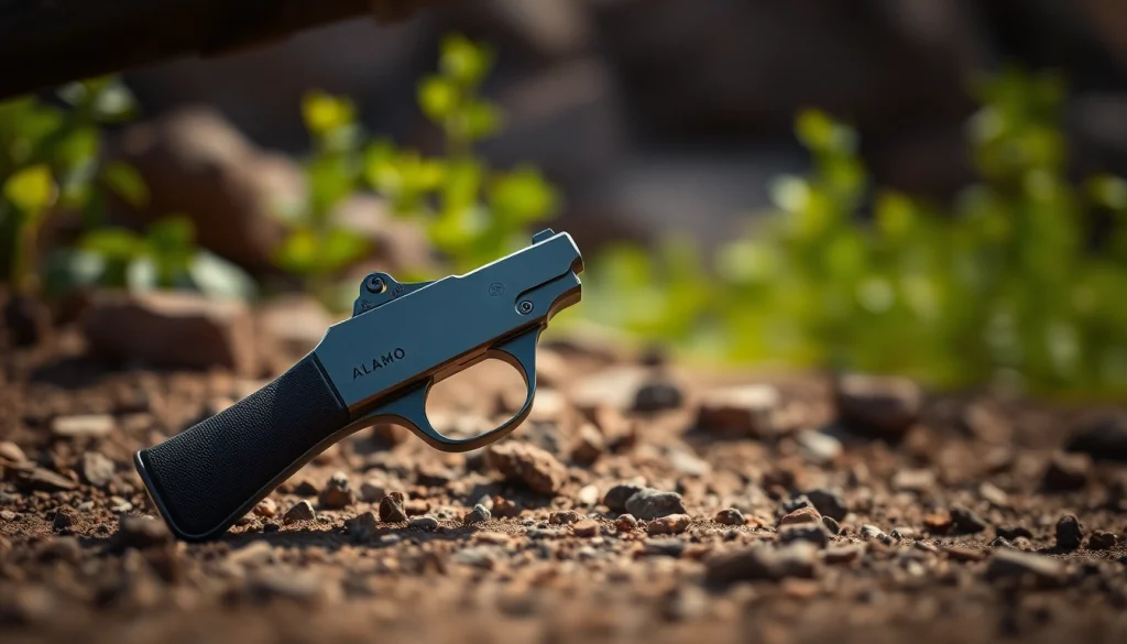 Showcasing the Alamo trigger with precision craftsmanship and a natural outdoor setting.