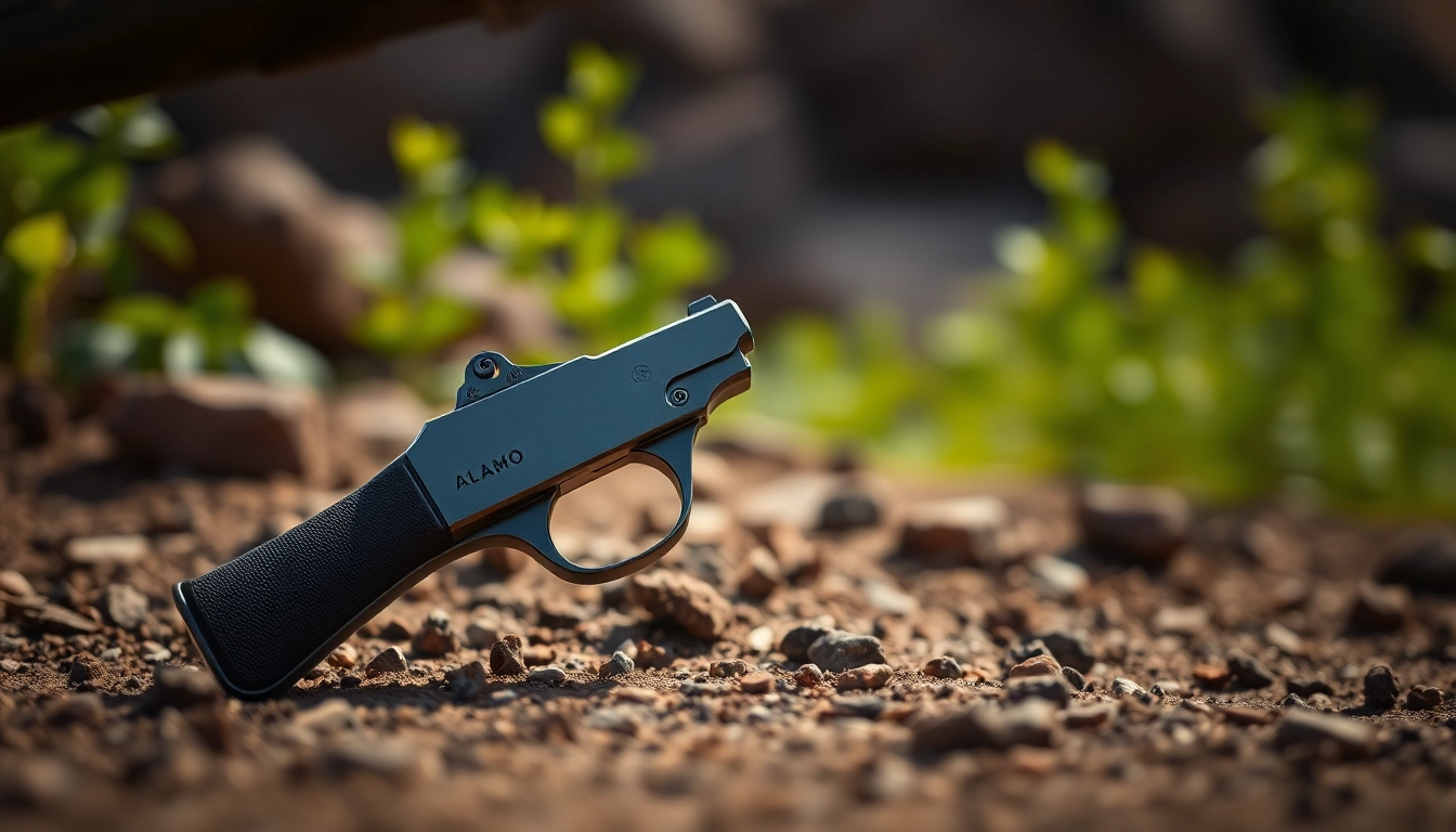 Showcasing the Alamo trigger with precision craftsmanship and a natural outdoor setting.