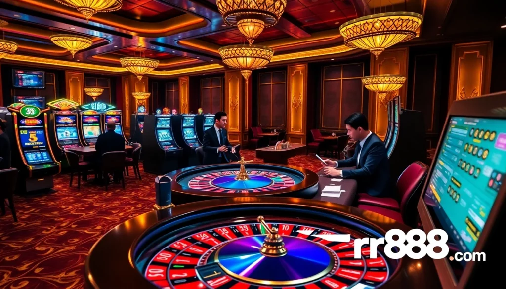 Experience thrilling action at rr88 com with players enjoying poker and slot machines in a luxurious casino setting.