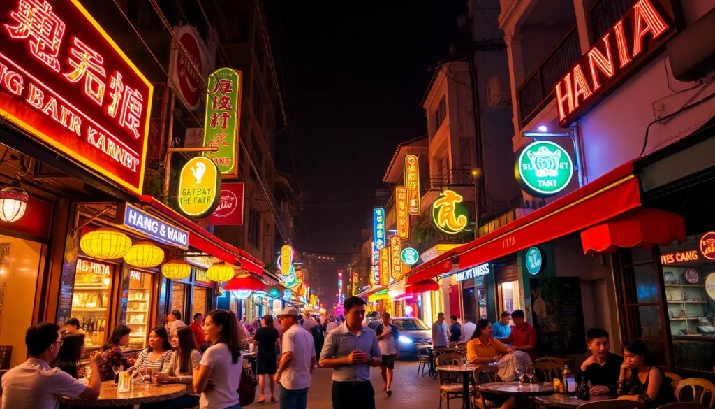 Experience 하노이밤문화 in a vibrant night scene filled with lively bars and neon lights.
