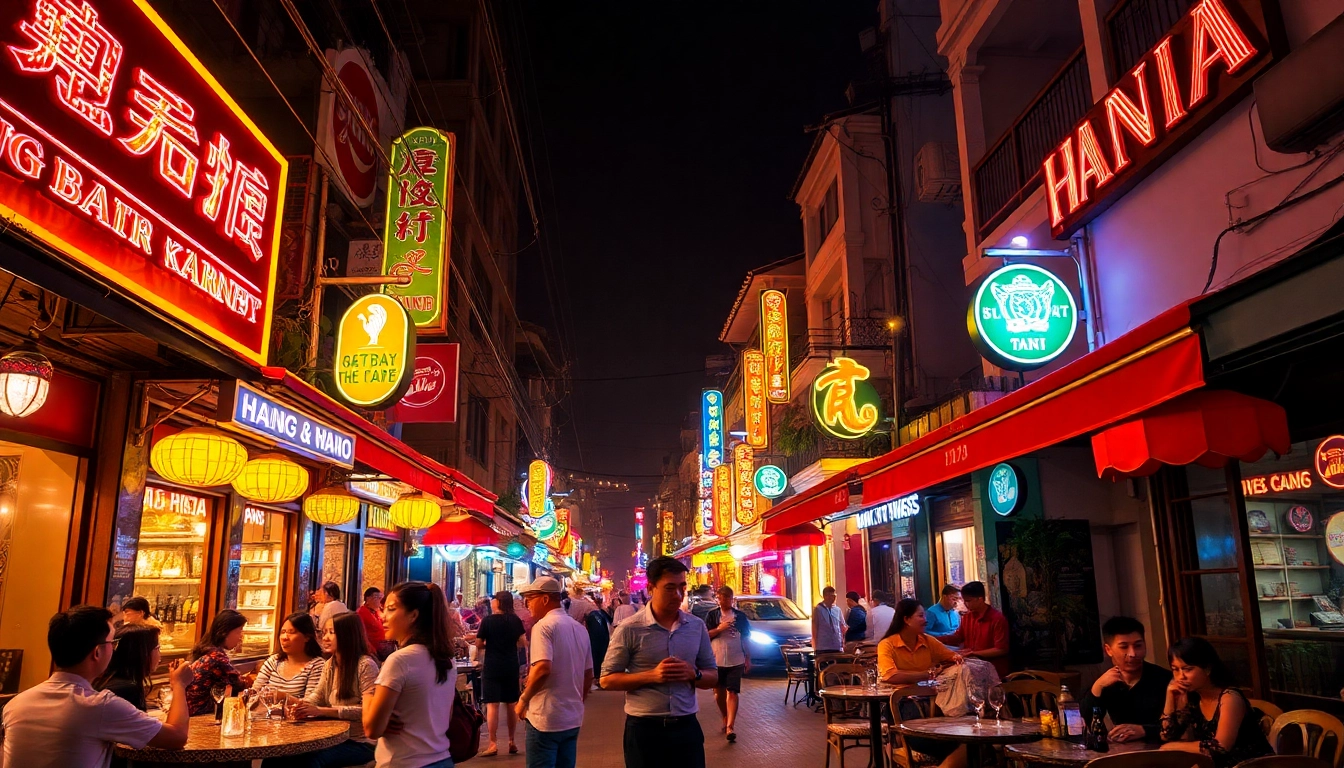 Experience 하노이밤문화 in a vibrant night scene filled with lively bars and neon lights.