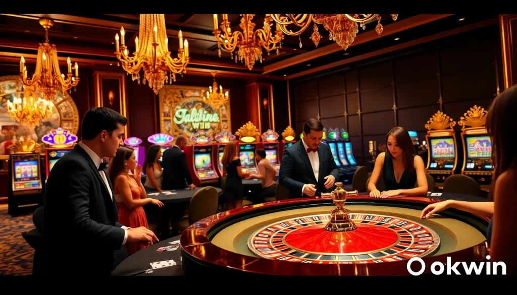 Experience the thrill of Okwin with vibrant casino games, poker chips, and roulette tables.