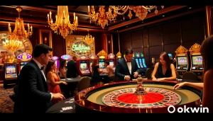 Experience the thrill of Okwin with vibrant casino games, poker chips, and roulette tables.