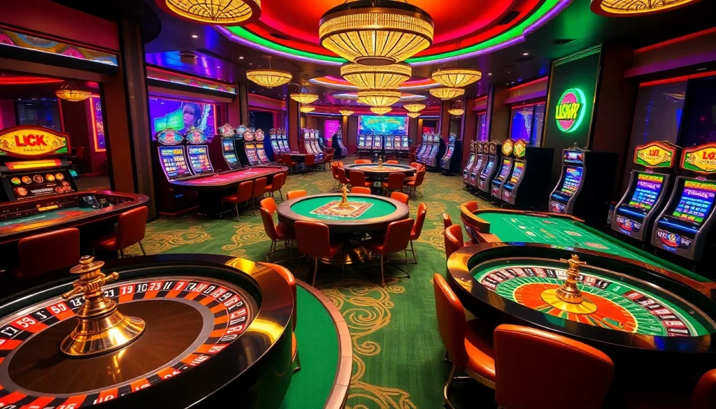 Players enjoying the excitement of gambling at luck8 casino with vibrant tables and slot machines.