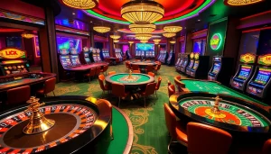 Players enjoying the excitement of gambling at luck8 casino with vibrant tables and slot machines.