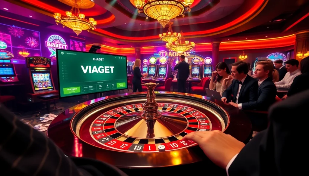 Experience the thrill of gambling at https://thabet.vegas/ with a luxurious casino scene featuring roulette, slot machines, and excited players.
