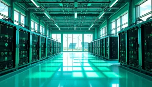 Cloud mining site featuring a modern mining farm powered by renewable energy