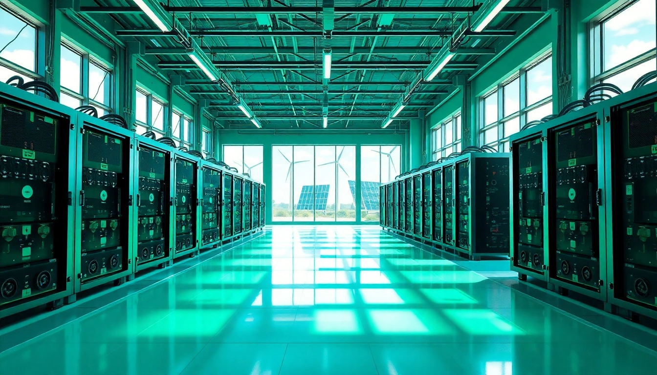 Cloud mining site featuring a modern mining farm powered by renewable energy