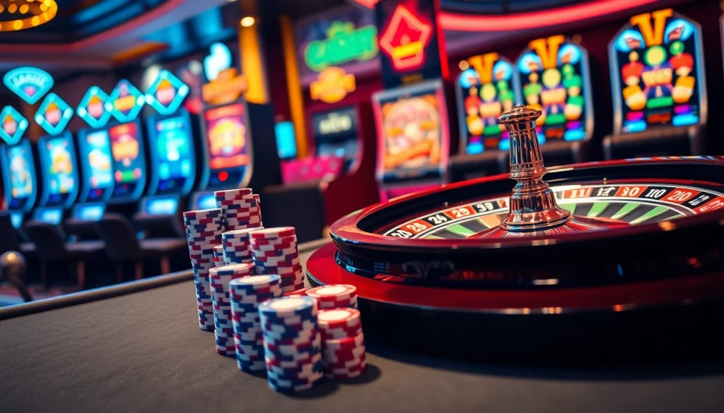 Players enjoying a lively casino atmosphere with roulette, cards, and chips at https://riobett.com.br.