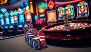 Players enjoying a lively casino atmosphere with roulette, cards, and chips at https://riobett.com.br.