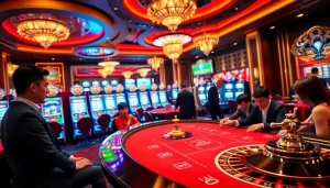 Engage in Baccarat excitement at https://jun88ld.com/ with players and vibrant slot machines in a luxurious casino setting.