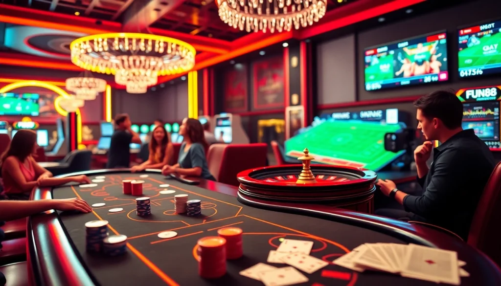Exciting gameplay at Fun88 link casino with poker, roulette, and vibrant slot machines.