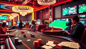 Exciting gameplay at Fun88 link casino with poker, roulette, and vibrant slot machines.