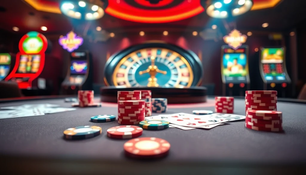 Experience the excitement of gaming at OK365KD.COM, featuring vibrant tables, chips, and cards.