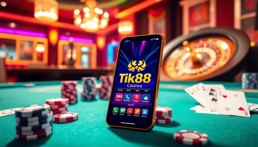 Trải nghiệm cảm giác hồi hộp của Tik88 với hình ảnh casino sống động và sự hứng khởi từ trò chơi trên điện thoại.